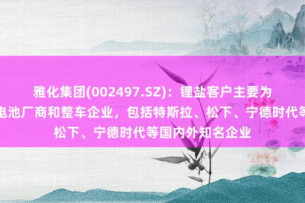 雅化集团(002497.SZ)：锂盐客户主要为正极材料企业、电池厂商和整车企业，包括特斯拉、松下、宁德时代等国内外知名企业