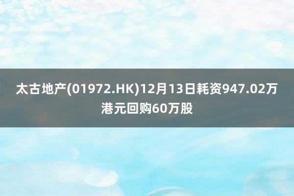 太古地产(01972.HK)12月13日耗资947.02万港元回购60万股