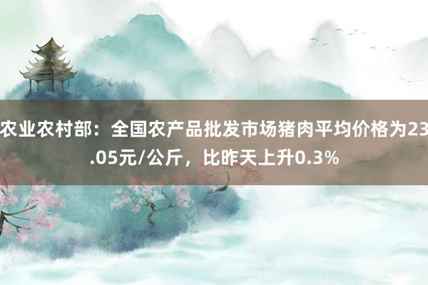 农业农村部：全国农产品批发市场猪肉平均价格为23.05元/公斤，比昨天上升0.3%